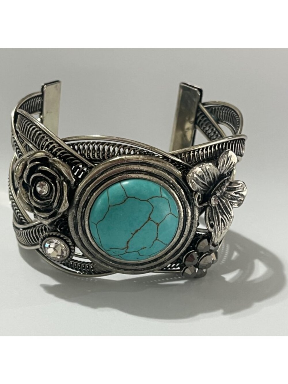 Vintage Silver Tone Cuff Bracelet With Turquoise Stone Floral & Butterfly - Picture 2 of 10